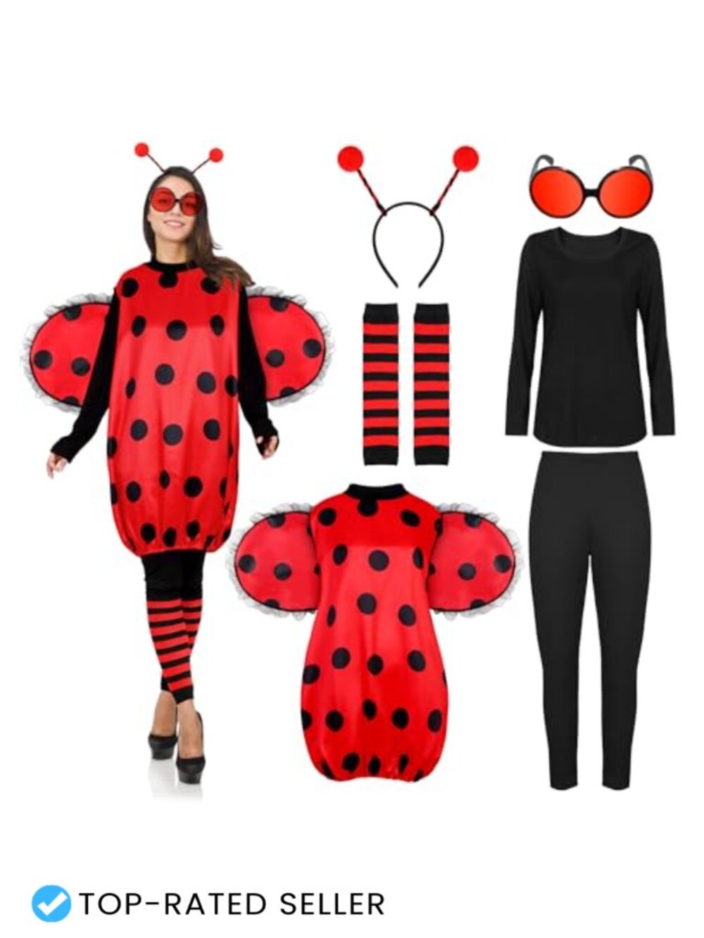 Women's Ladybug Costume Set 7 Pcs Polka Dot Dress Wings Leg Warmers Halloween